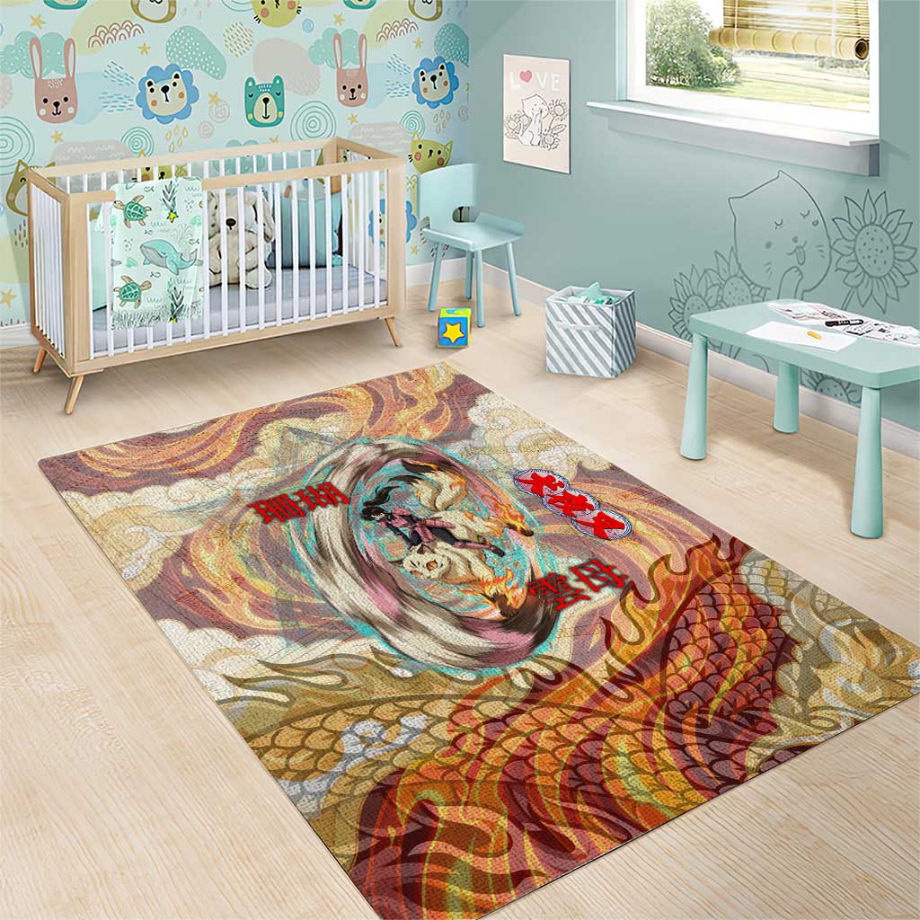Sango and Kirara Inuyasha Series Area Rug Mythical Anime Style with Flame and Scale Motif