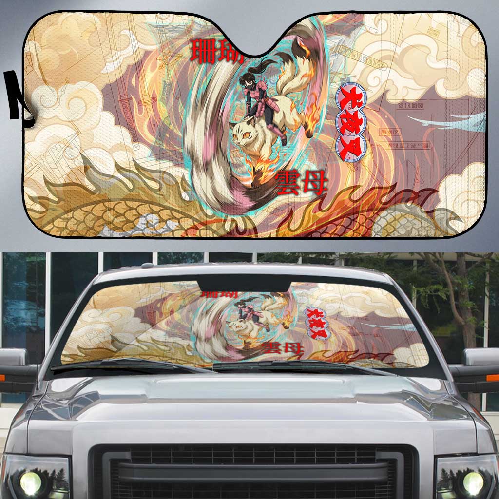 Sango and Kirara Inuyasha Series Auto Sun Shade Mythical Anime Style with Flame and Scale Motif