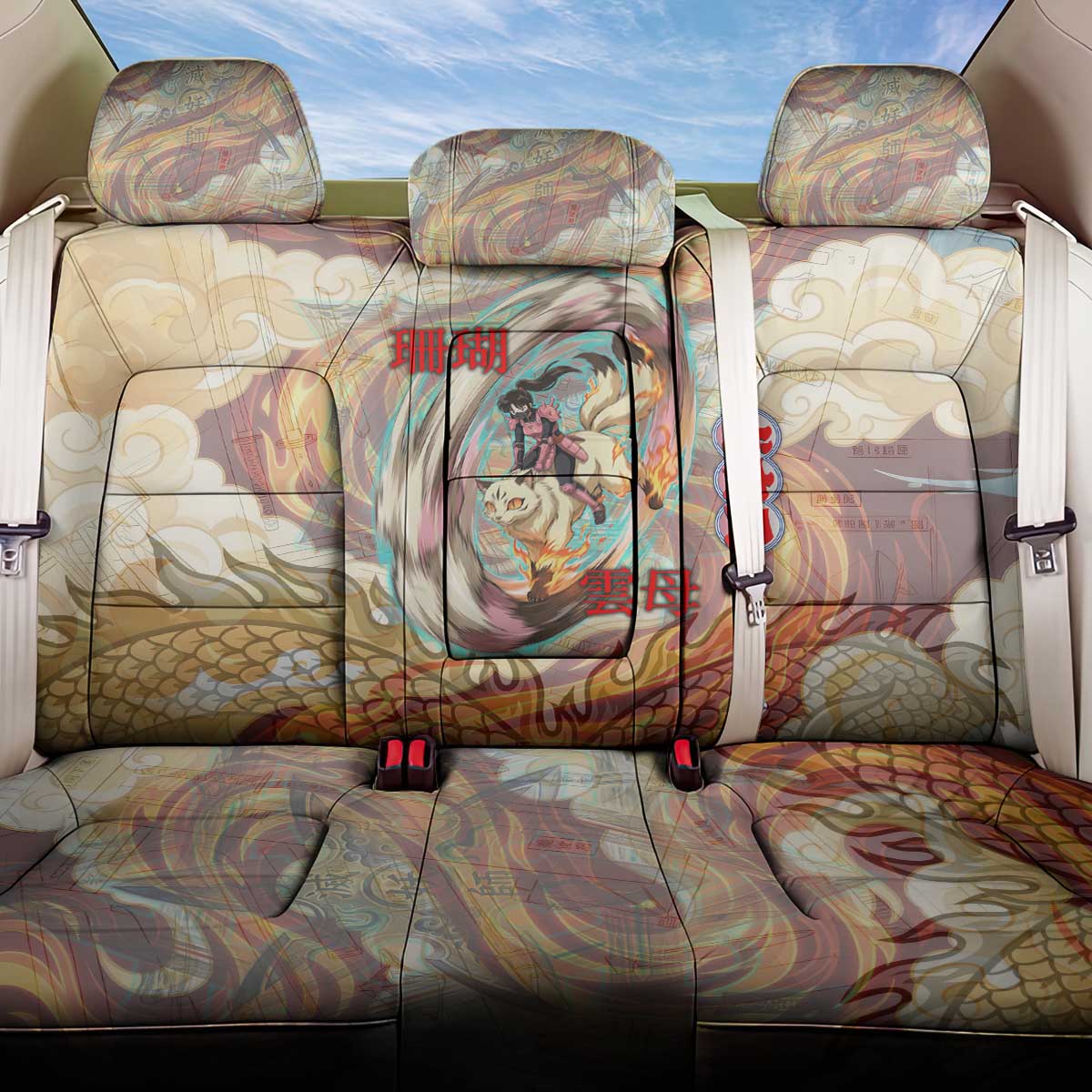 Sango and Kirara Inuyasha Series Back Car Seat Cover Mythical Anime Style with Flame and Scale Motif