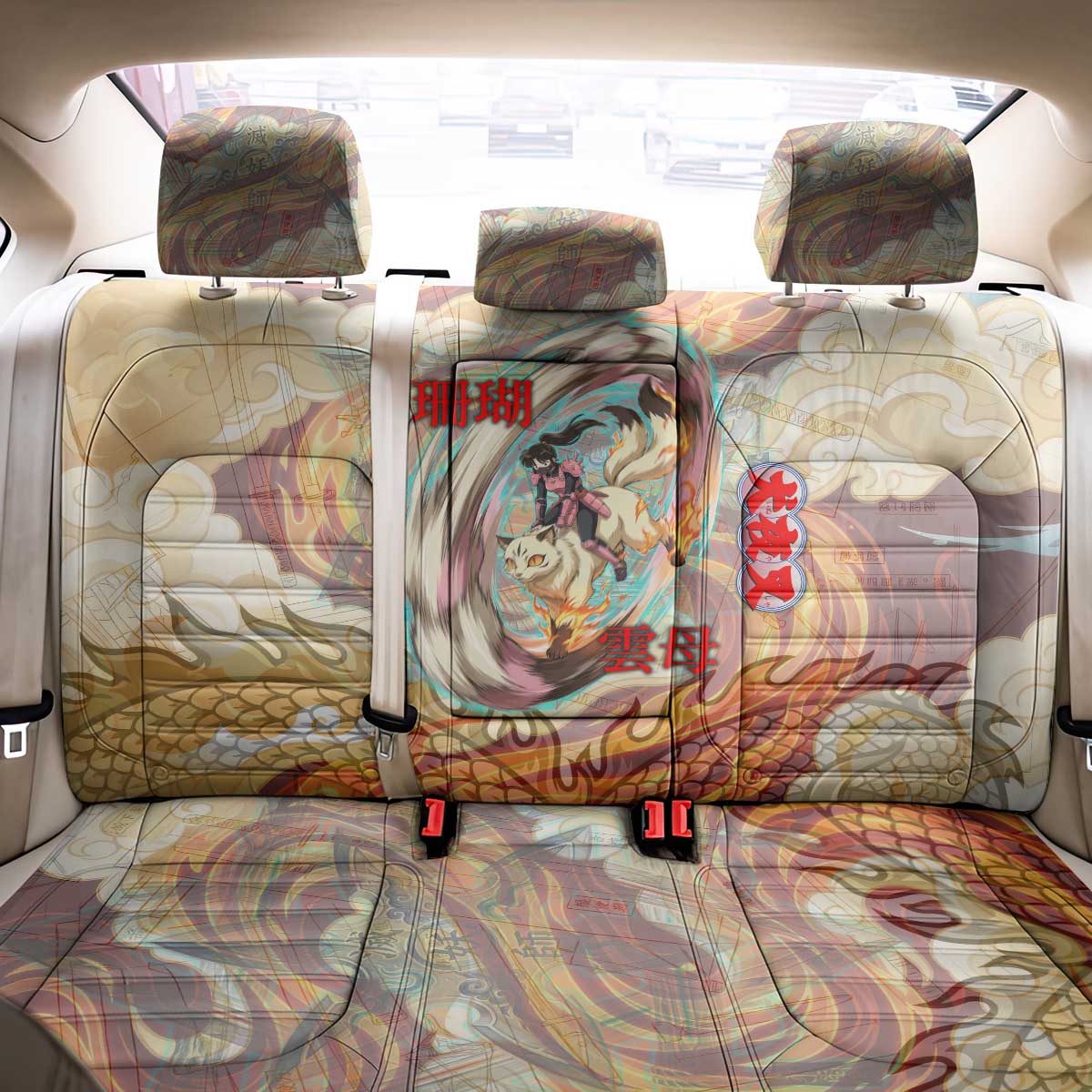 Sango and Kirara Inuyasha Series Back Car Seat Cover Mythical Anime Style with Flame and Scale Motif