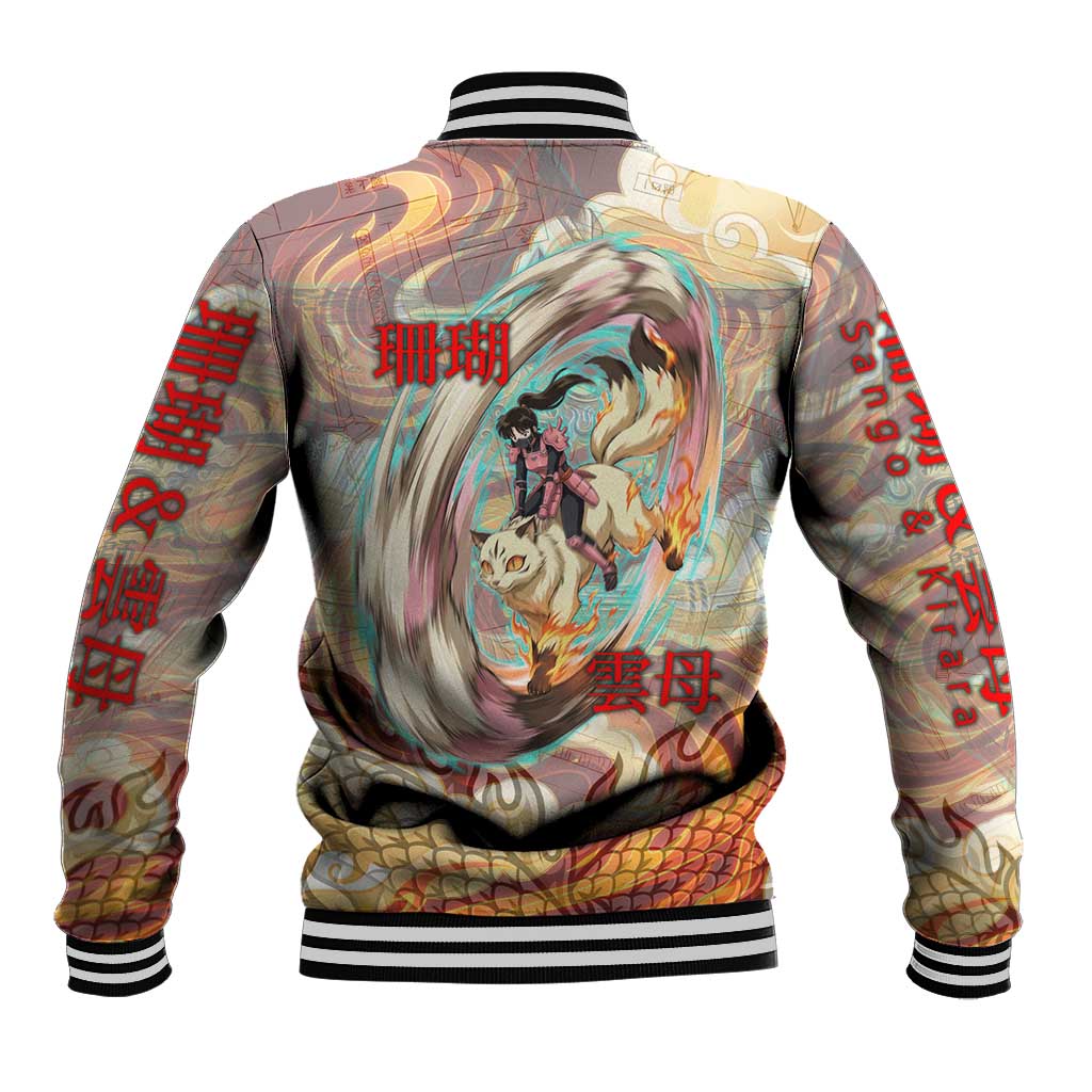 Sango and Kirara Inuyasha Series Baseball Jacket Mythical Anime Style with Flame and Scale Motif