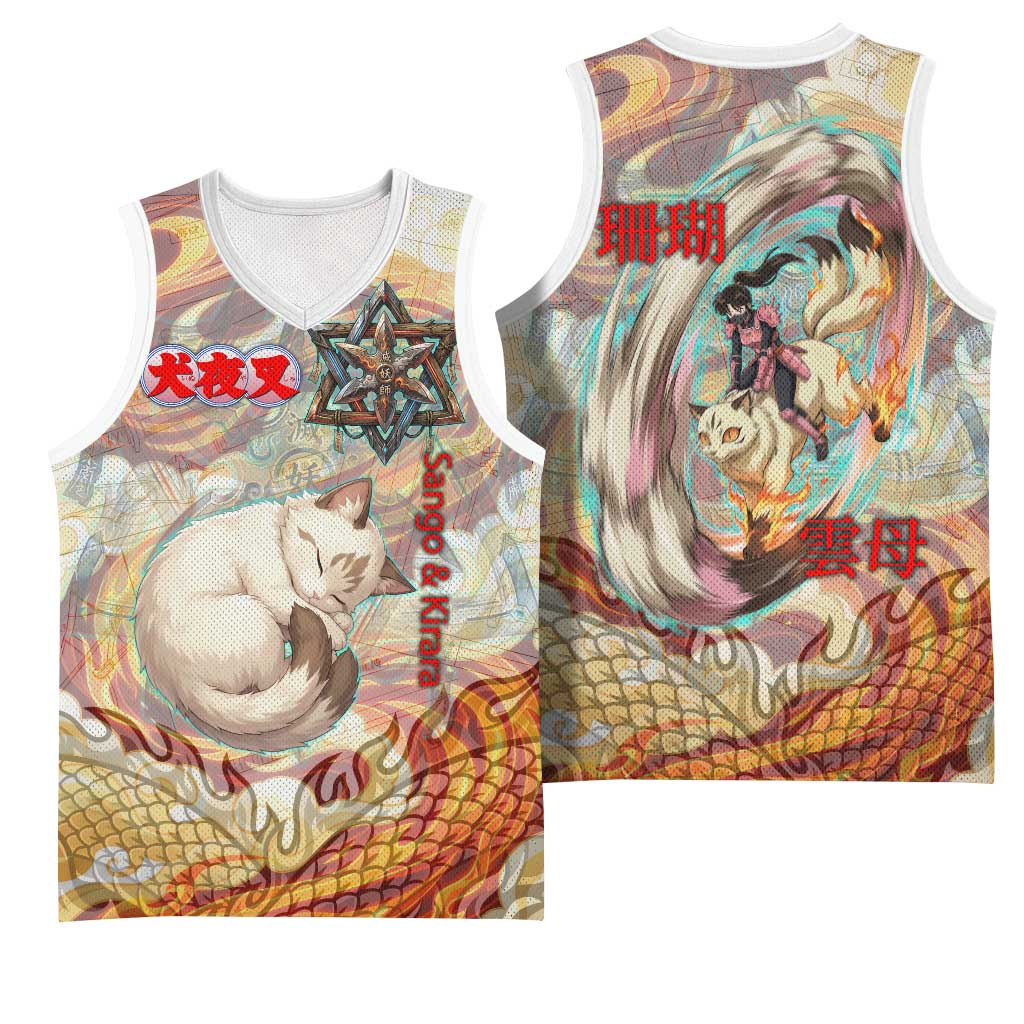 Sango and Kirara Inuyasha Series Basketball Jersey Mythical Anime Style with Flame and Scale Motif