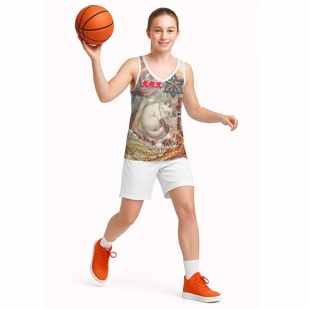 Sango and Kirara Inuyasha Series Basketball Jersey Mythical Anime Style with Flame and Scale Motif