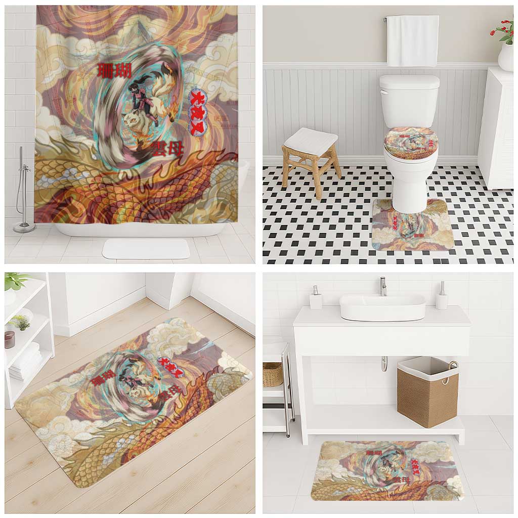 Sango and Kirara Inuyasha Series Bathroom Set Mythical Anime Style with Flame and Scale Motif