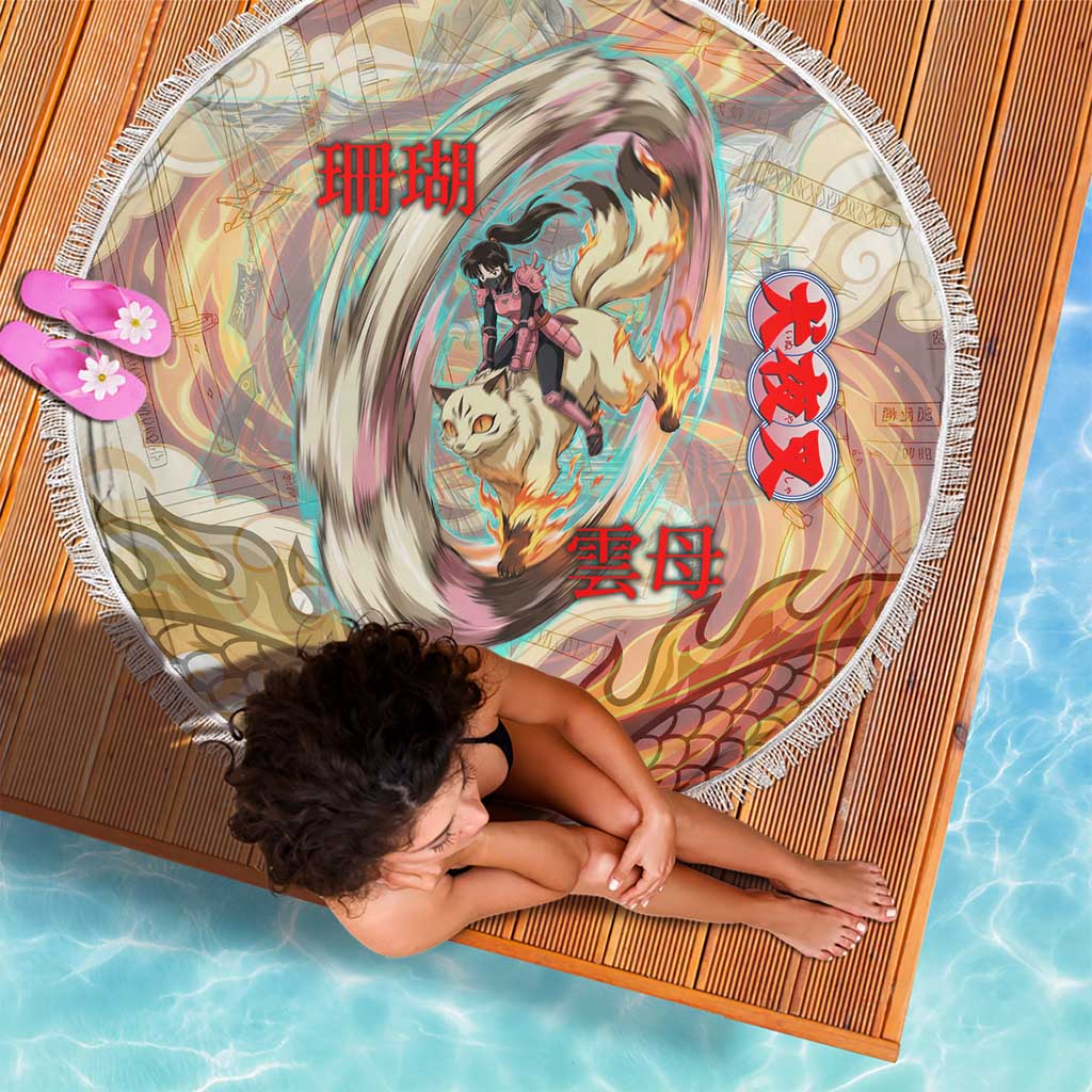 Sango and Kirara Inuyasha Series Beach Blanket Mythical Anime Style with Flame and Scale Motif