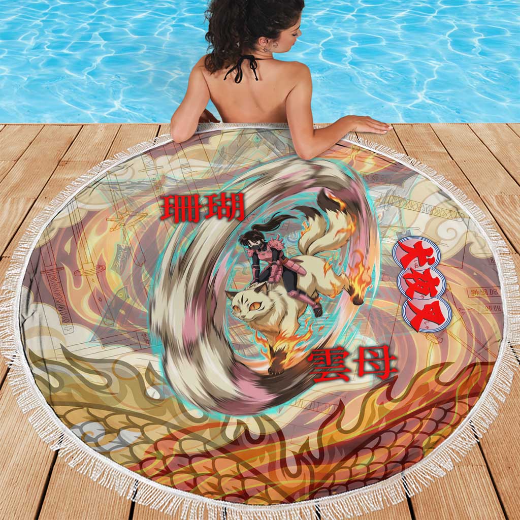 Sango and Kirara Inuyasha Series Beach Blanket Mythical Anime Style with Flame and Scale Motif