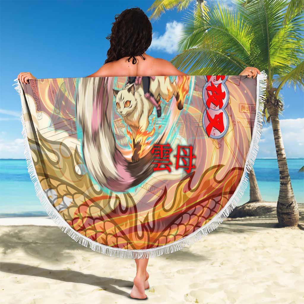Sango and Kirara Inuyasha Series Beach Blanket Mythical Anime Style with Flame and Scale Motif