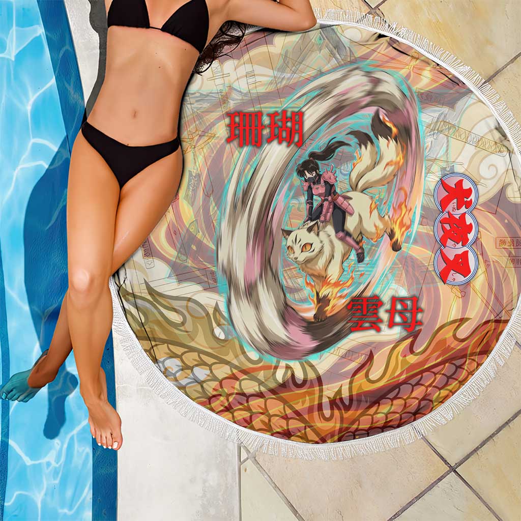 Sango and Kirara Inuyasha Series Beach Blanket Mythical Anime Style with Flame and Scale Motif