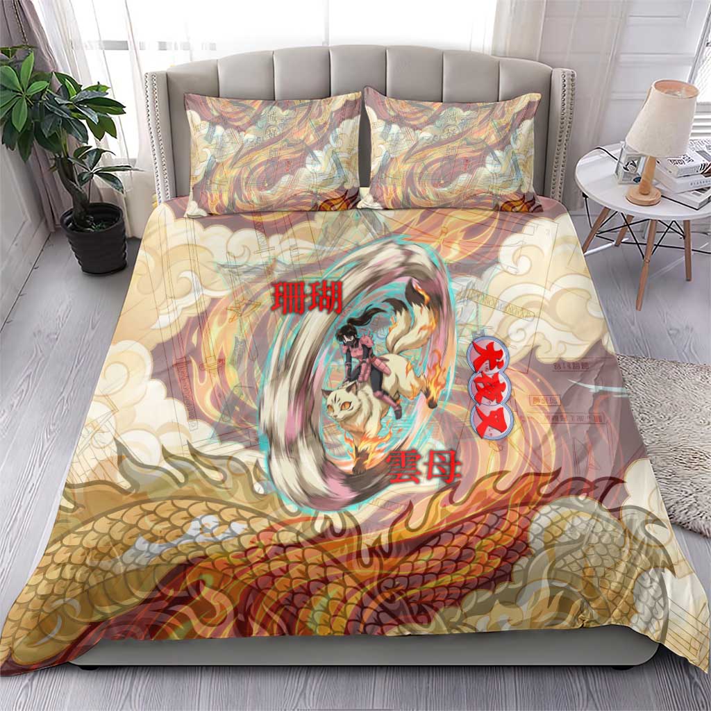 Sango and Kirara Inuyasha Series Bedding Set Mythical Anime Style with Flame and Scale Motif