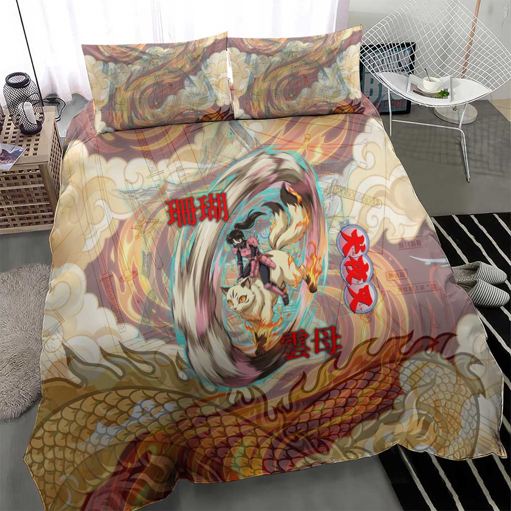 Sango and Kirara Inuyasha Series Bedding Set Mythical Anime Style with Flame and Scale Motif