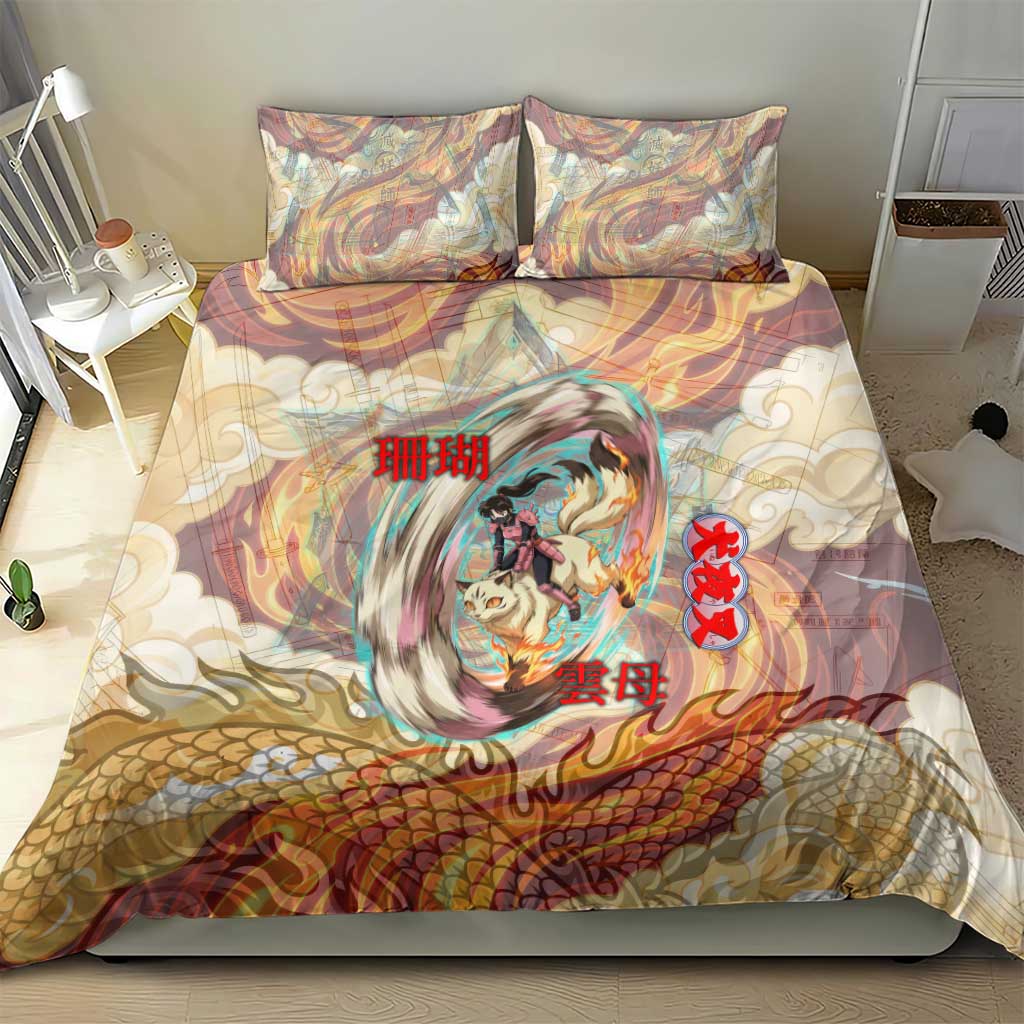 Sango and Kirara Inuyasha Series Bedding Set Mythical Anime Style with Flame and Scale Motif