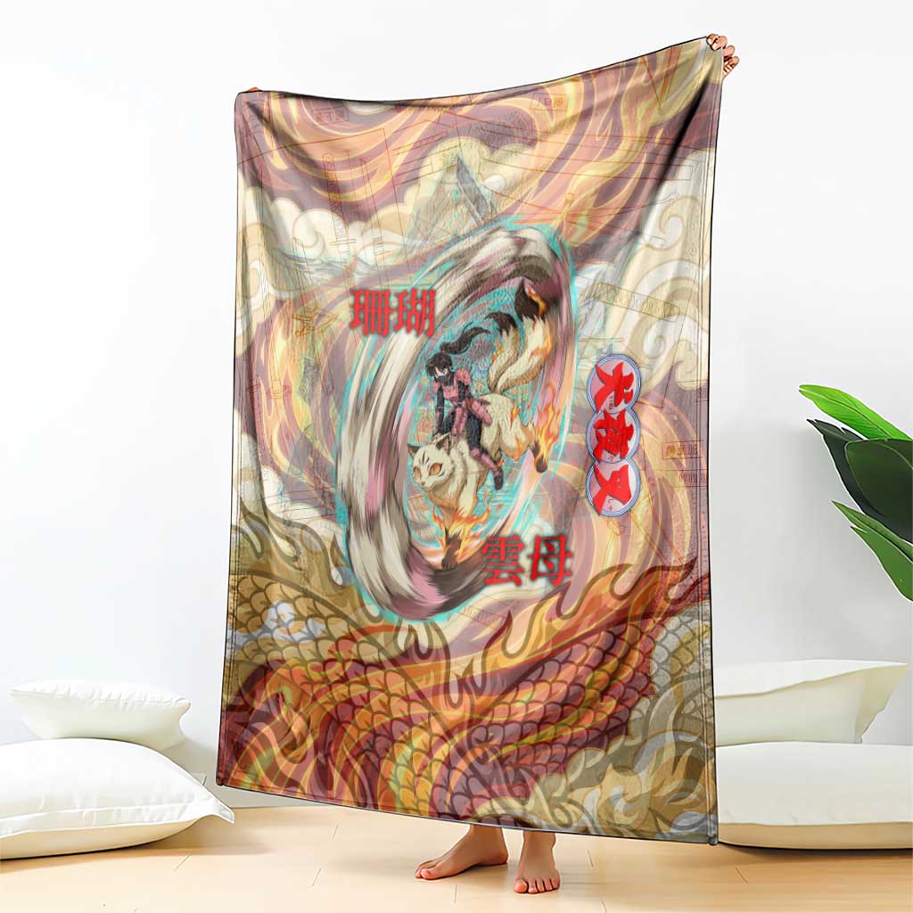 Sango and Kirara Inuyasha Series Blanket Mythical Anime Style with Flame and Scale Motif