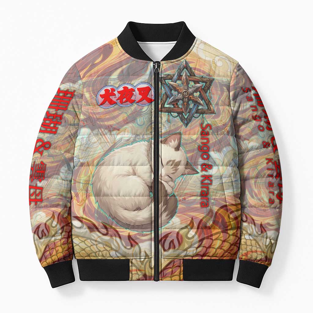 Sango and Kirara Inuyasha Series Bomber Puffer Jacket Mythical Anime Style with Flame and Scale Motif