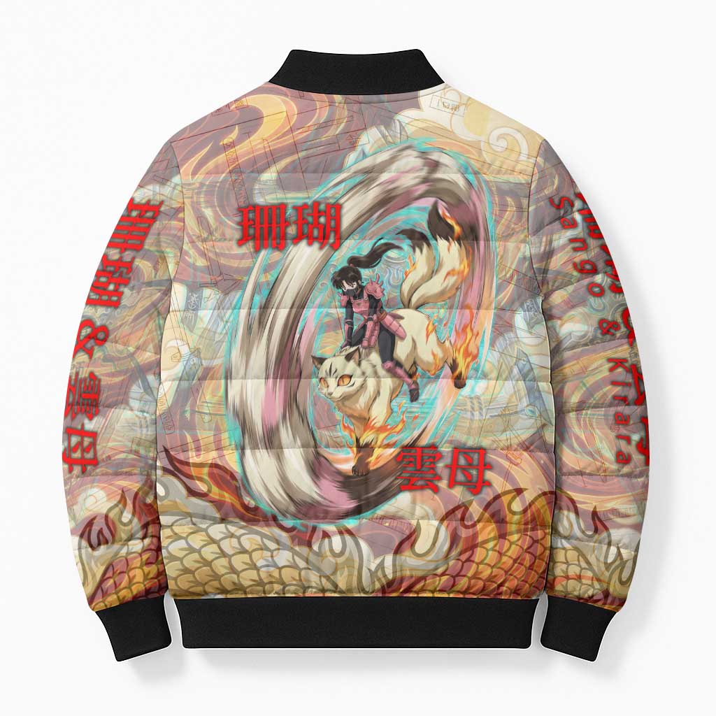 Sango and Kirara Inuyasha Series Bomber Puffer Jacket Mythical Anime Style with Flame and Scale Motif