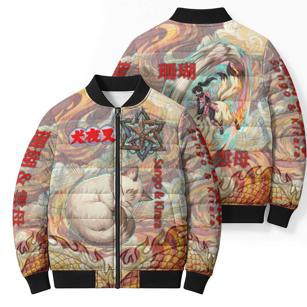 Sango and Kirara Inuyasha Series Bomber Puffer Jacket Mythical Anime Style with Flame and Scale Motif
