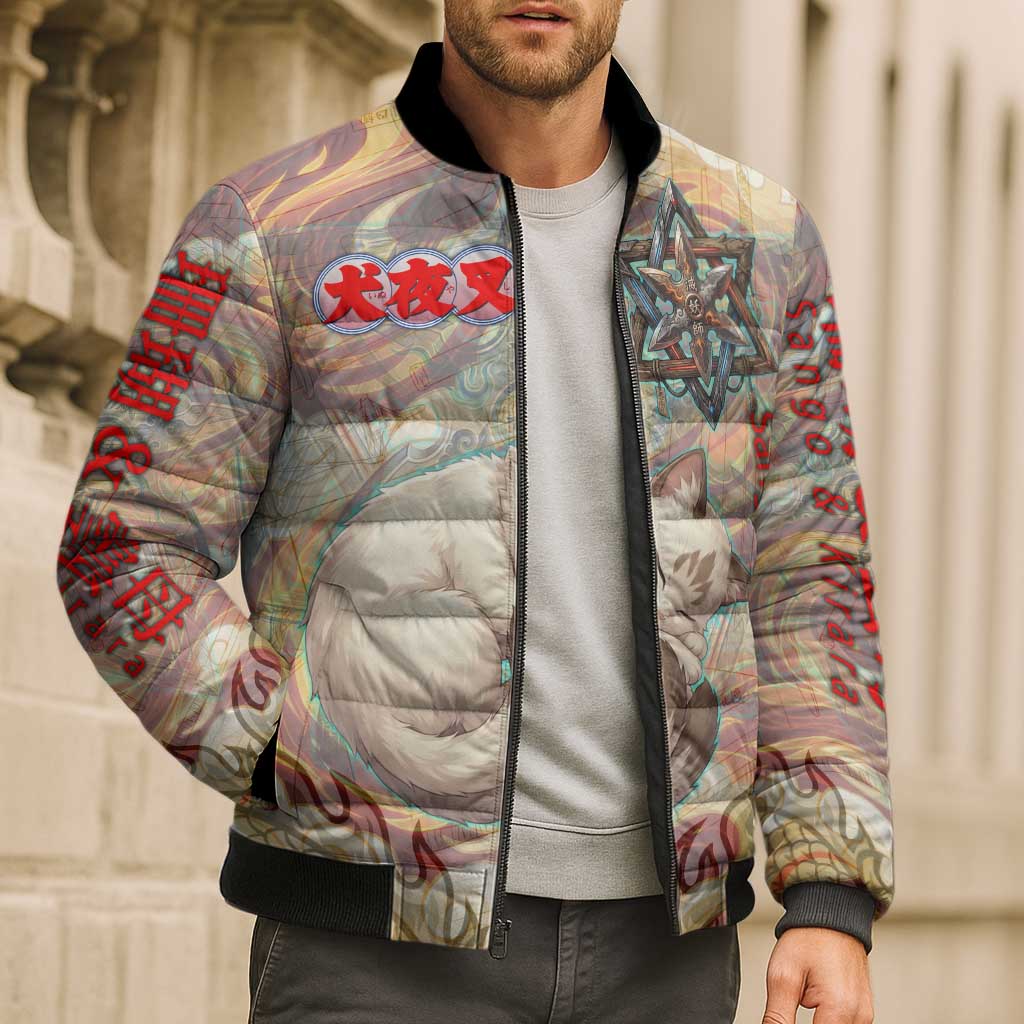Sango and Kirara Inuyasha Series Bomber Puffer Jacket Mythical Anime Style with Flame and Scale Motif