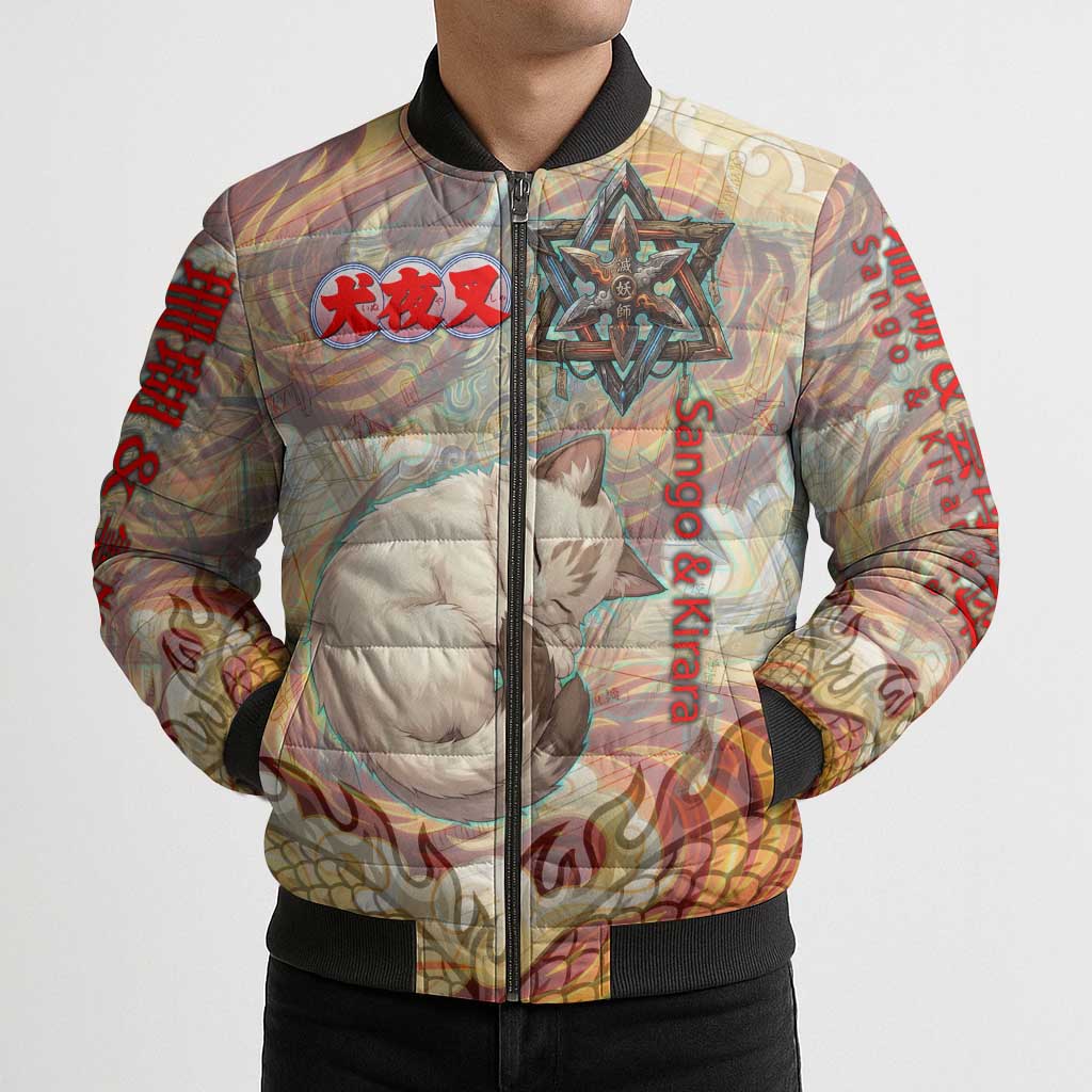 Sango and Kirara Inuyasha Series Bomber Puffer Jacket Mythical Anime Style with Flame and Scale Motif