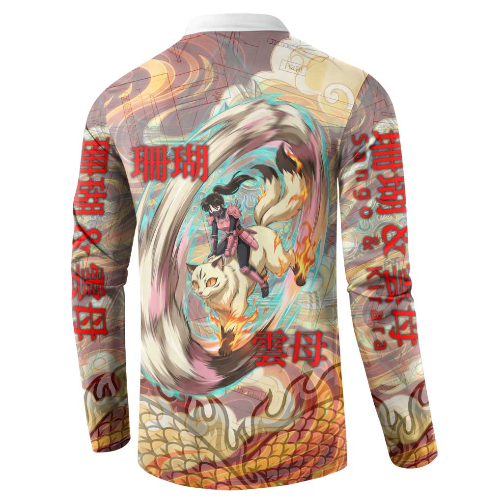 Sango and Kirara Inuyasha Series Button Sweatshirt Mythical Anime Style with Flame and Scale Motif