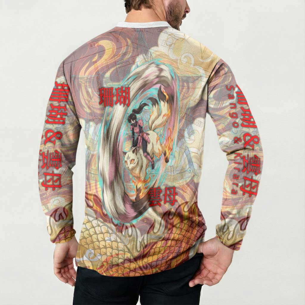 Sango and Kirara Inuyasha Series Button Sweatshirt Mythical Anime Style with Flame and Scale Motif