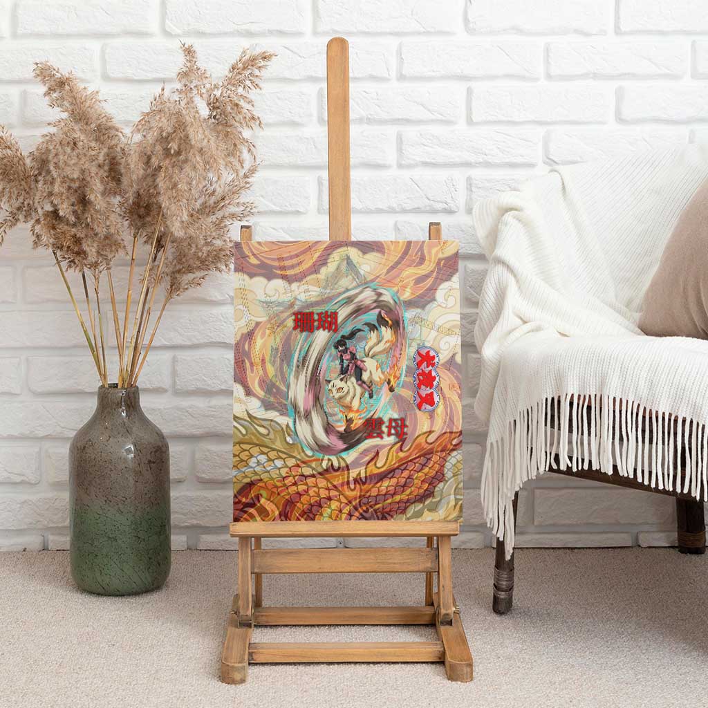 Sango and Kirara Inuyasha Series Canvas Wall Art Mythical Anime Style with Flame and Scale Motif