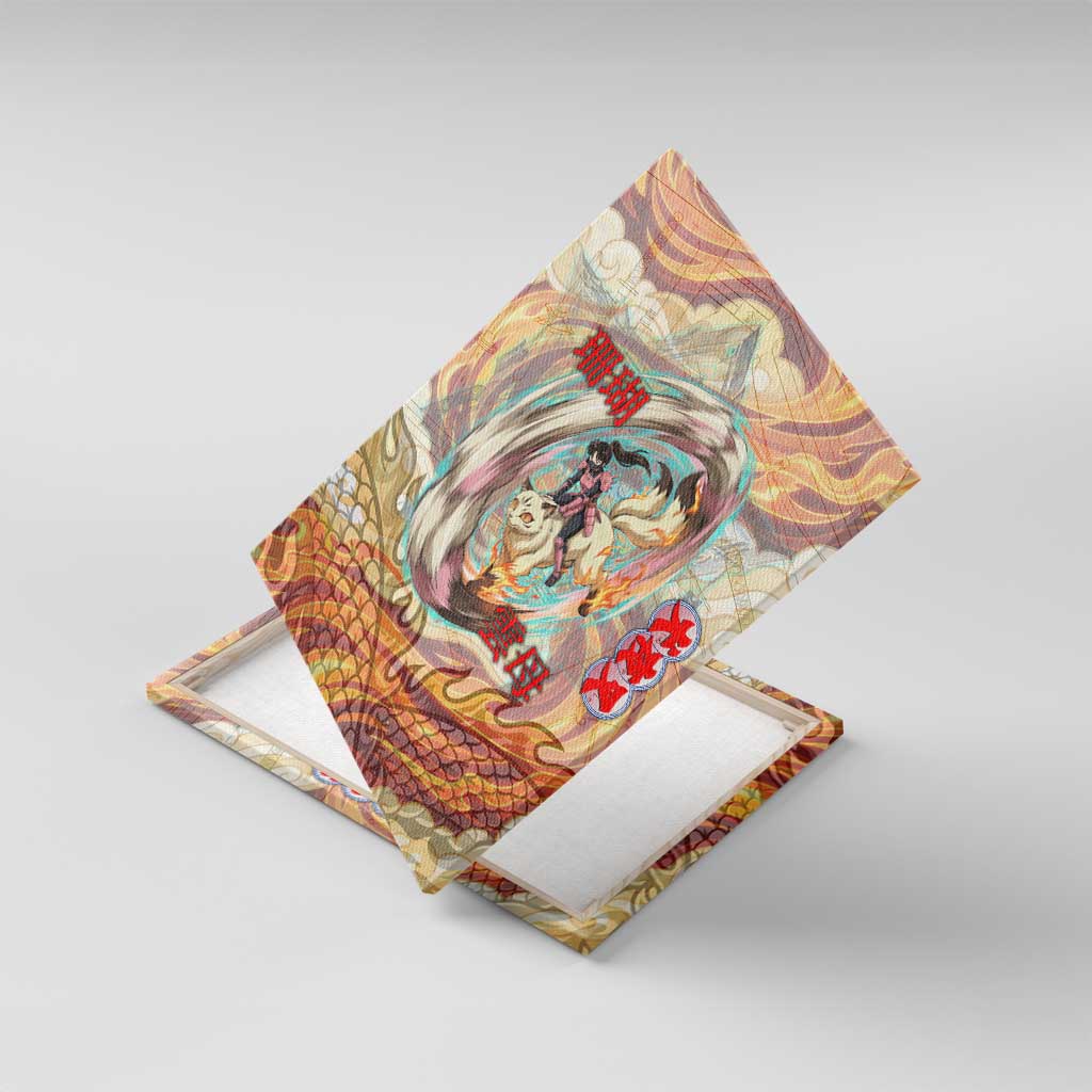 Sango and Kirara Inuyasha Series Canvas Wall Art Mythical Anime Style with Flame and Scale Motif