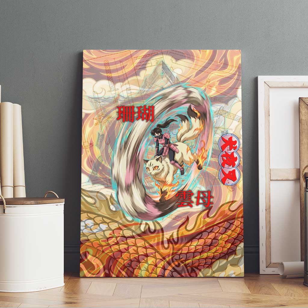 Sango and Kirara Inuyasha Series Canvas Wall Art Mythical Anime Style with Flame and Scale Motif