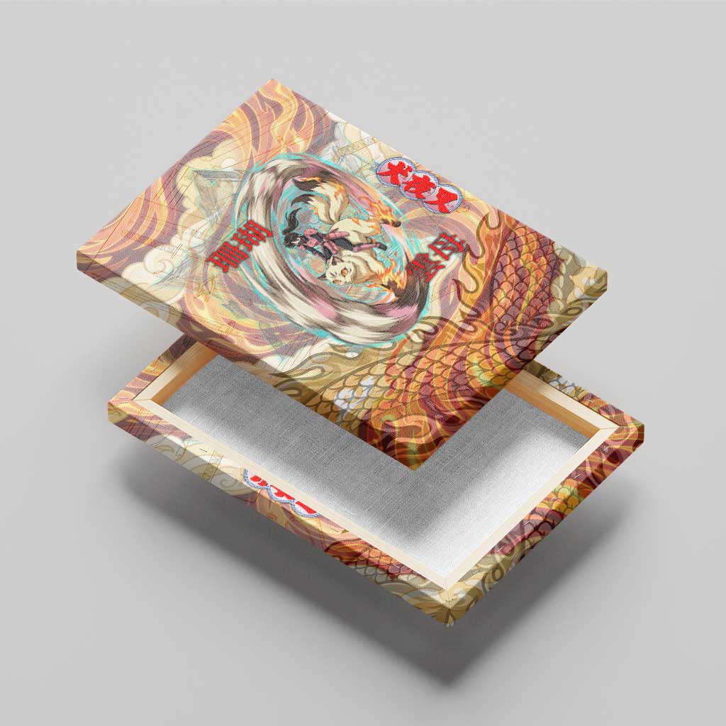 Sango and Kirara Inuyasha Series Canvas Wall Art Mythical Anime Style with Flame and Scale Motif