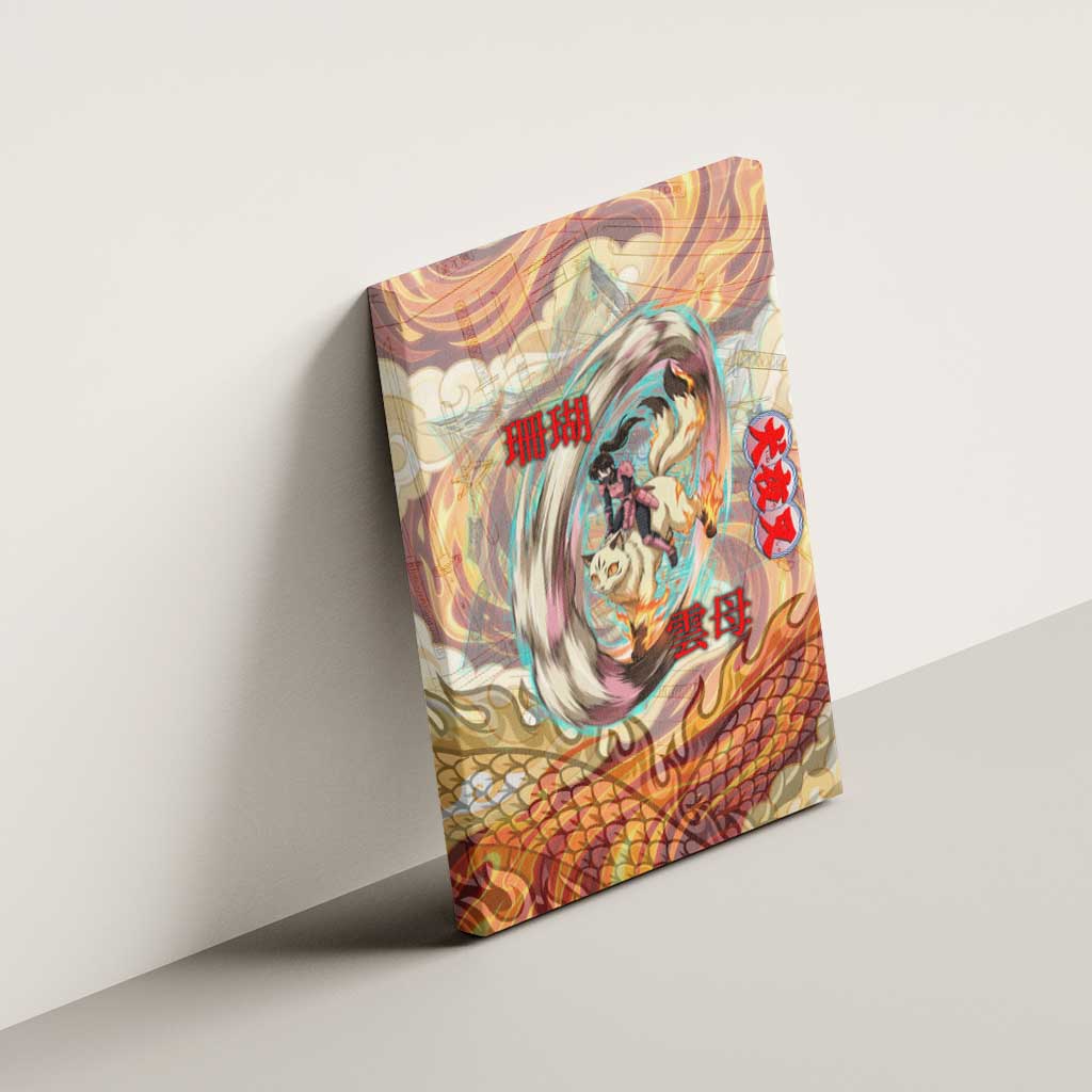 Sango and Kirara Inuyasha Series Canvas Wall Art Mythical Anime Style with Flame and Scale Motif