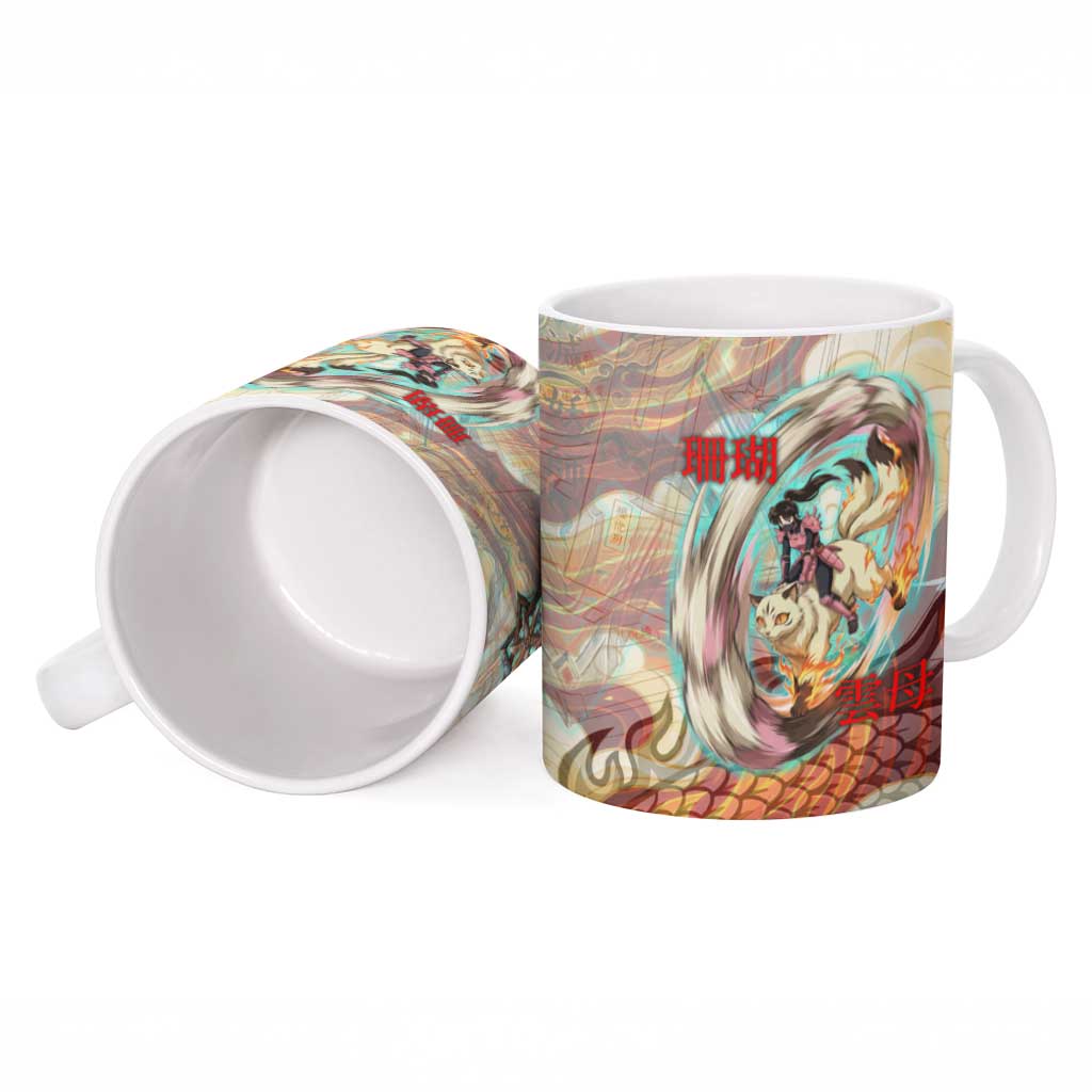 Sango and Kirara Inuyasha Series Ceramic Mug Mythical Anime Style with Flame and Scale Motif