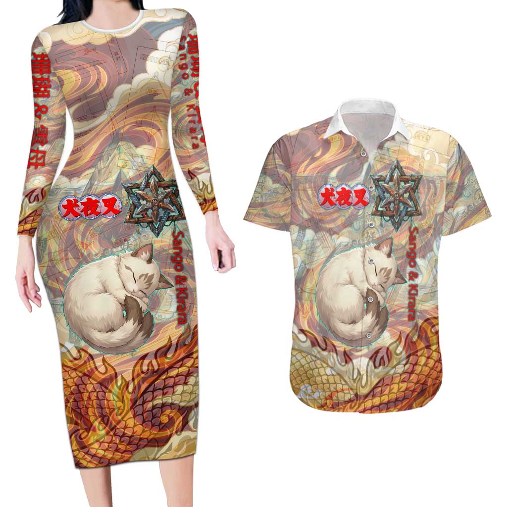 Sango and Kirara Inuyasha Series Couples Matching Long Sleeve Bodycon Dress and Hawaiian Shirt Mythical Anime Style with Flame and Scale Motif