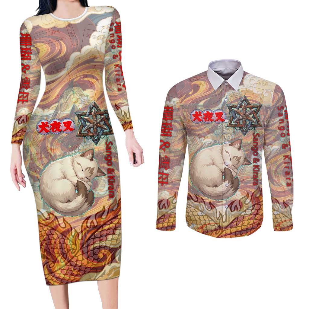 Sango and Kirara Inuyasha Series Couples Matching Long Sleeve Bodycon Dress and Long Sleeve Button Shirt Mythical Anime Style with Flame and Scale Motif