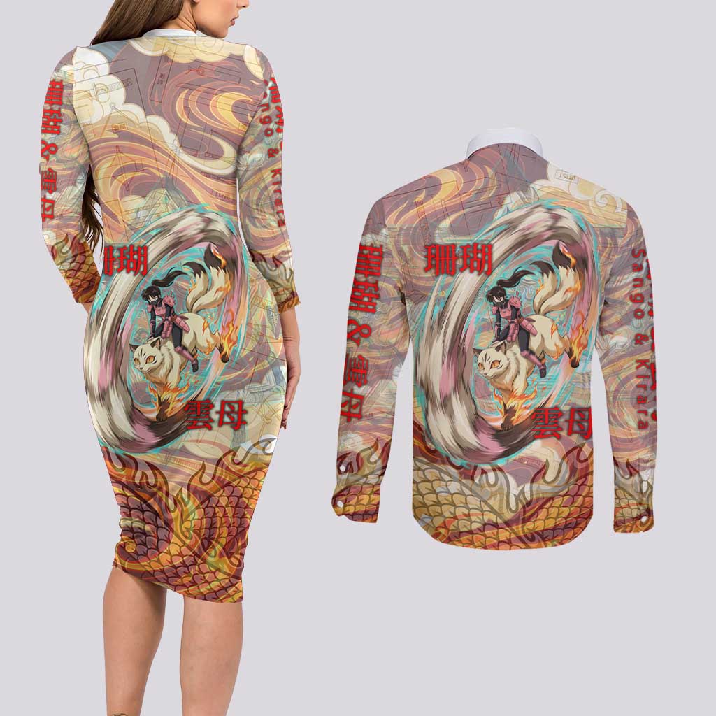 Sango and Kirara Inuyasha Series Couples Matching Long Sleeve Bodycon Dress and Long Sleeve Button Shirt Mythical Anime Style with Flame and Scale Motif