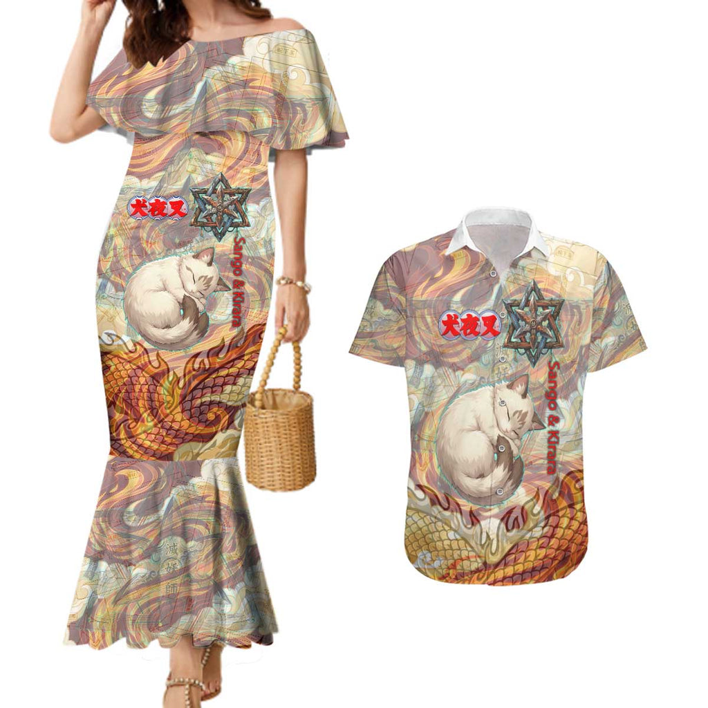 Sango and Kirara Inuyasha Series Couples Matching Mermaid Dress and Hawaiian Shirt Mythical Anime Style with Flame and Scale Motif