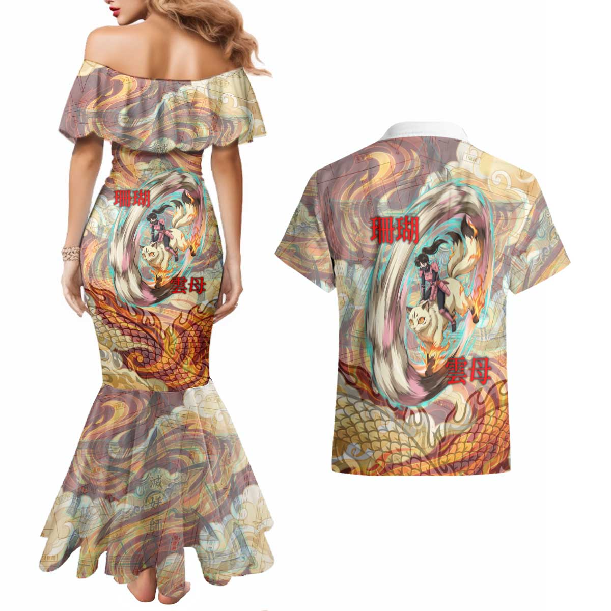 Sango and Kirara Inuyasha Series Couples Matching Mermaid Dress and Hawaiian Shirt Mythical Anime Style with Flame and Scale Motif