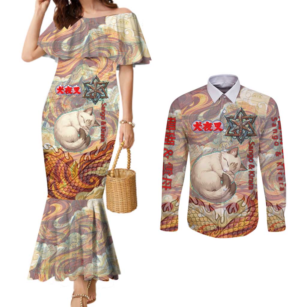 Sango and Kirara Inuyasha Series Couples Matching Mermaid Dress and Long Sleeve Button Shirt Mythical Anime Style with Flame and Scale Motif