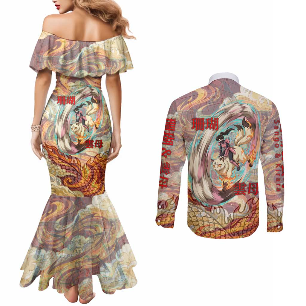 Sango and Kirara Inuyasha Series Couples Matching Mermaid Dress and Long Sleeve Button Shirt Mythical Anime Style with Flame and Scale Motif