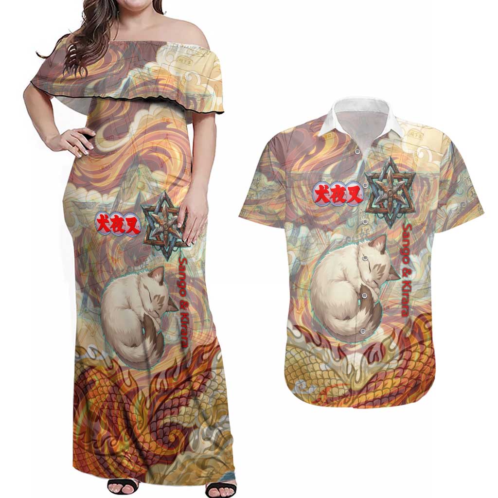 Sango and Kirara Inuyasha Series Couples Matching Off Shoulder Maxi Dress and Hawaiian Shirt Mythical Anime Style with Flame and Scale Motif