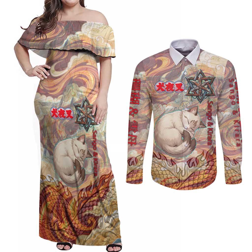 Sango and Kirara Inuyasha Series Couples Matching Off Shoulder Maxi Dress and Long Sleeve Button Shirt Mythical Anime Style with Flame and Scale Motif