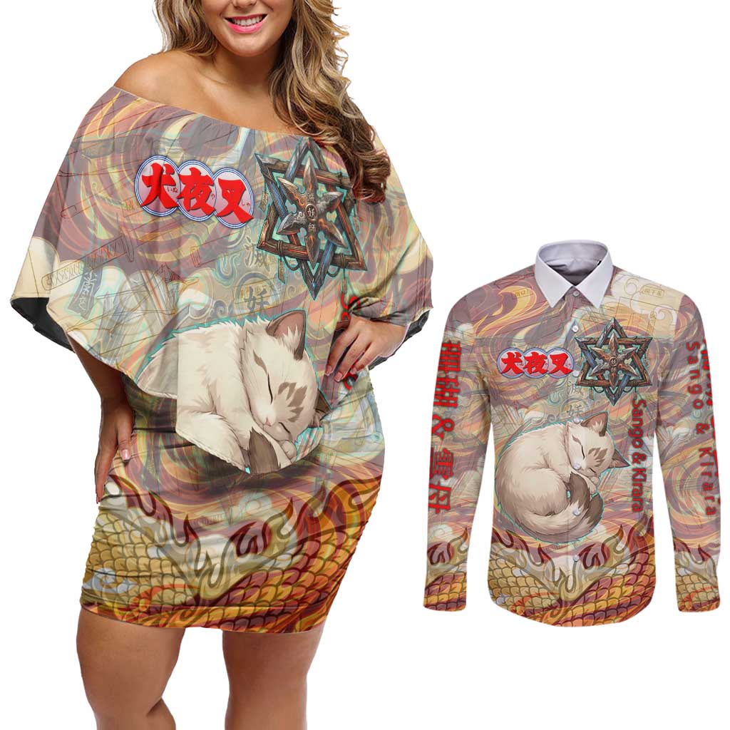 Sango and Kirara Inuyasha Series Couples Matching Off Shoulder Short Dress and Long Sleeve Button Shirt Mythical Anime Style with Flame and Scale Motif