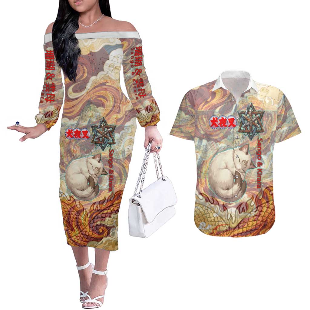 Sango and Kirara Inuyasha Series Couples Matching Off The Shoulder Long Sleeve Dress and Hawaiian Shirt Mythical Anime Style with Flame and Scale Motif