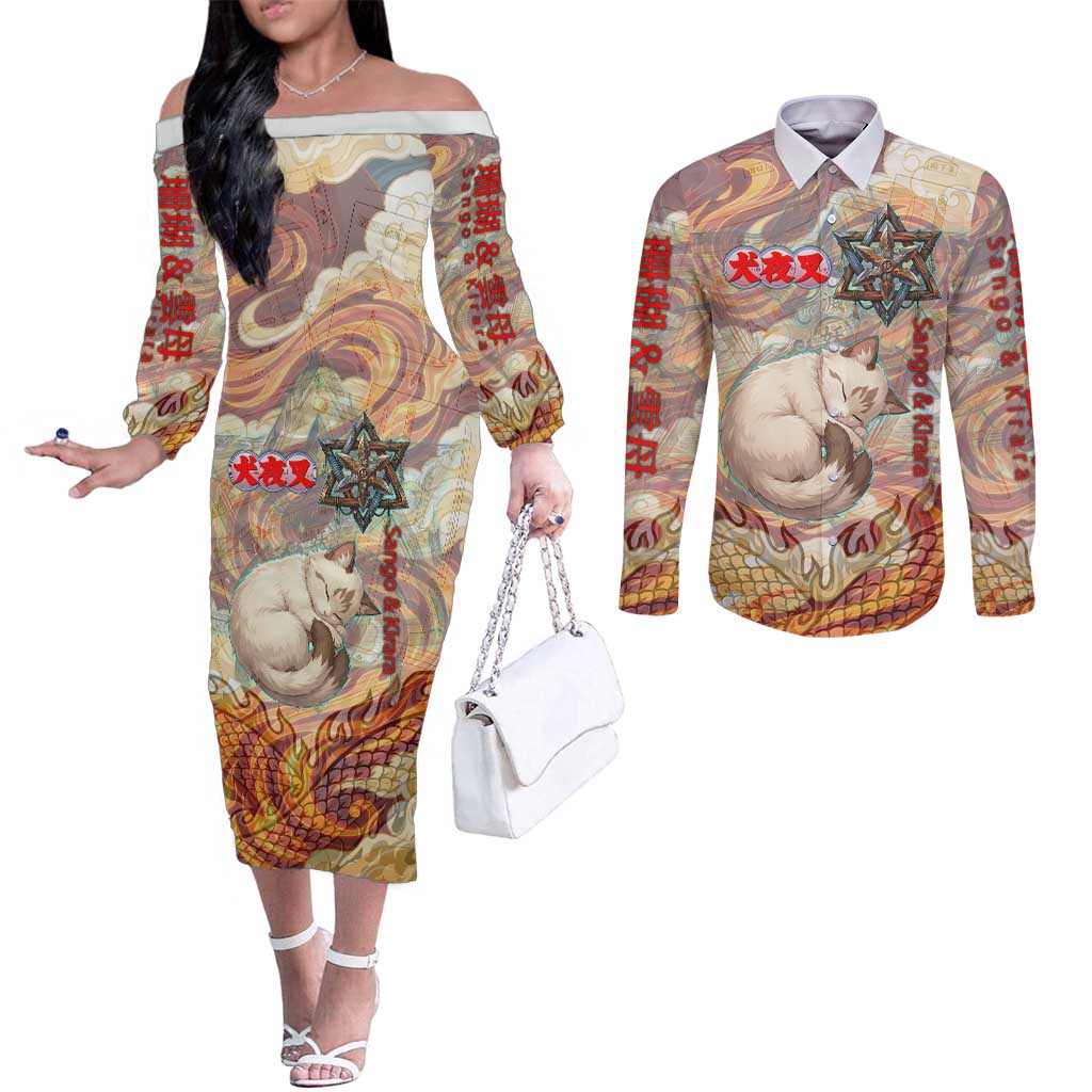Sango and Kirara Inuyasha Series Couples Matching Off The Shoulder Long Sleeve Dress and Long Sleeve Button Shirt Mythical Anime Style with Flame and Scale Motif