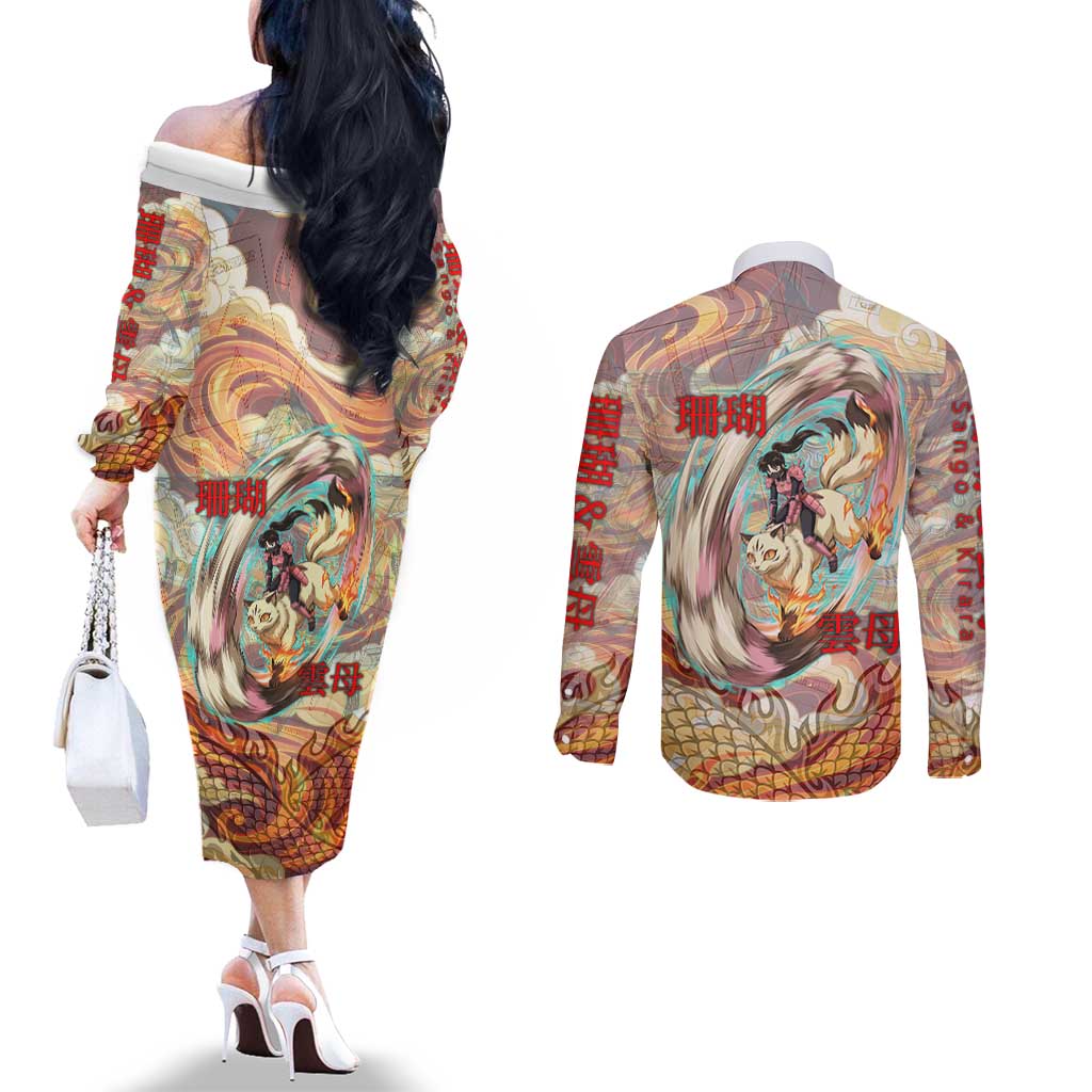Sango and Kirara Inuyasha Series Couples Matching Off The Shoulder Long Sleeve Dress and Long Sleeve Button Shirt Mythical Anime Style with Flame and Scale Motif