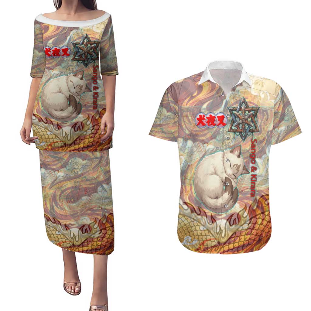 Sango and Kirara Inuyasha Series Couples Matching Puletasi and Hawaiian Shirt Mythical Anime Style with Flame and Scale Motif