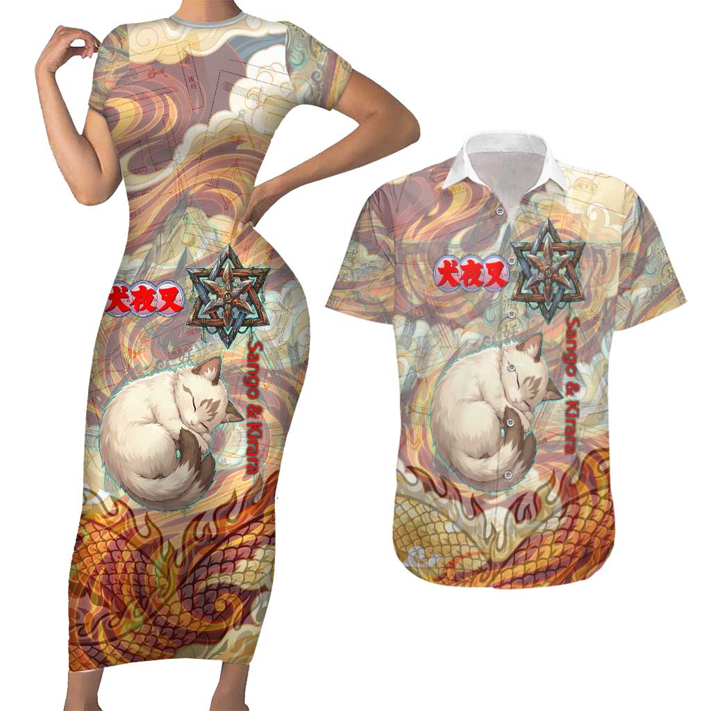Sango and Kirara Inuyasha Series Couples Matching Short Sleeve Bodycon Dress and Hawaiian Shirt Mythical Anime Style with Flame and Scale Motif