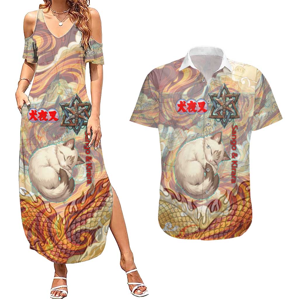 Sango and Kirara Inuyasha Series Couples Matching Summer Maxi Dress and Hawaiian Shirt Mythical Anime Style with Flame and Scale Motif