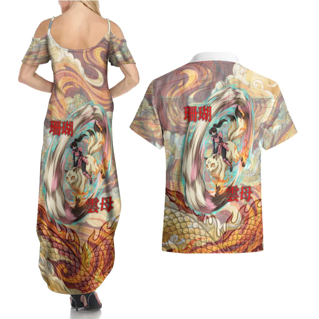 Sango and Kirara Inuyasha Series Couples Matching Summer Maxi Dress and Hawaiian Shirt Mythical Anime Style with Flame and Scale Motif