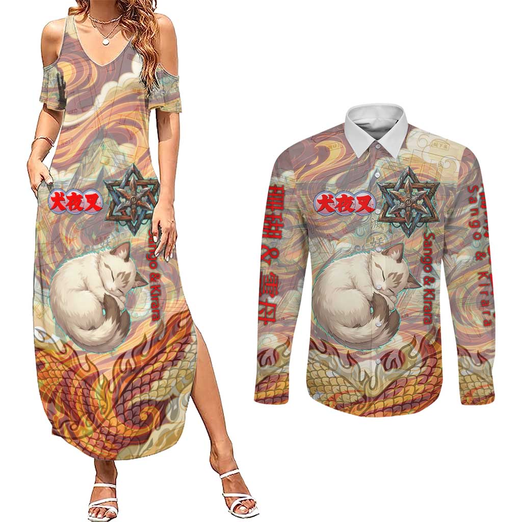 Sango and Kirara Inuyasha Series Couples Matching Summer Maxi Dress and Long Sleeve Button Shirt Mythical Anime Style with Flame and Scale Motif