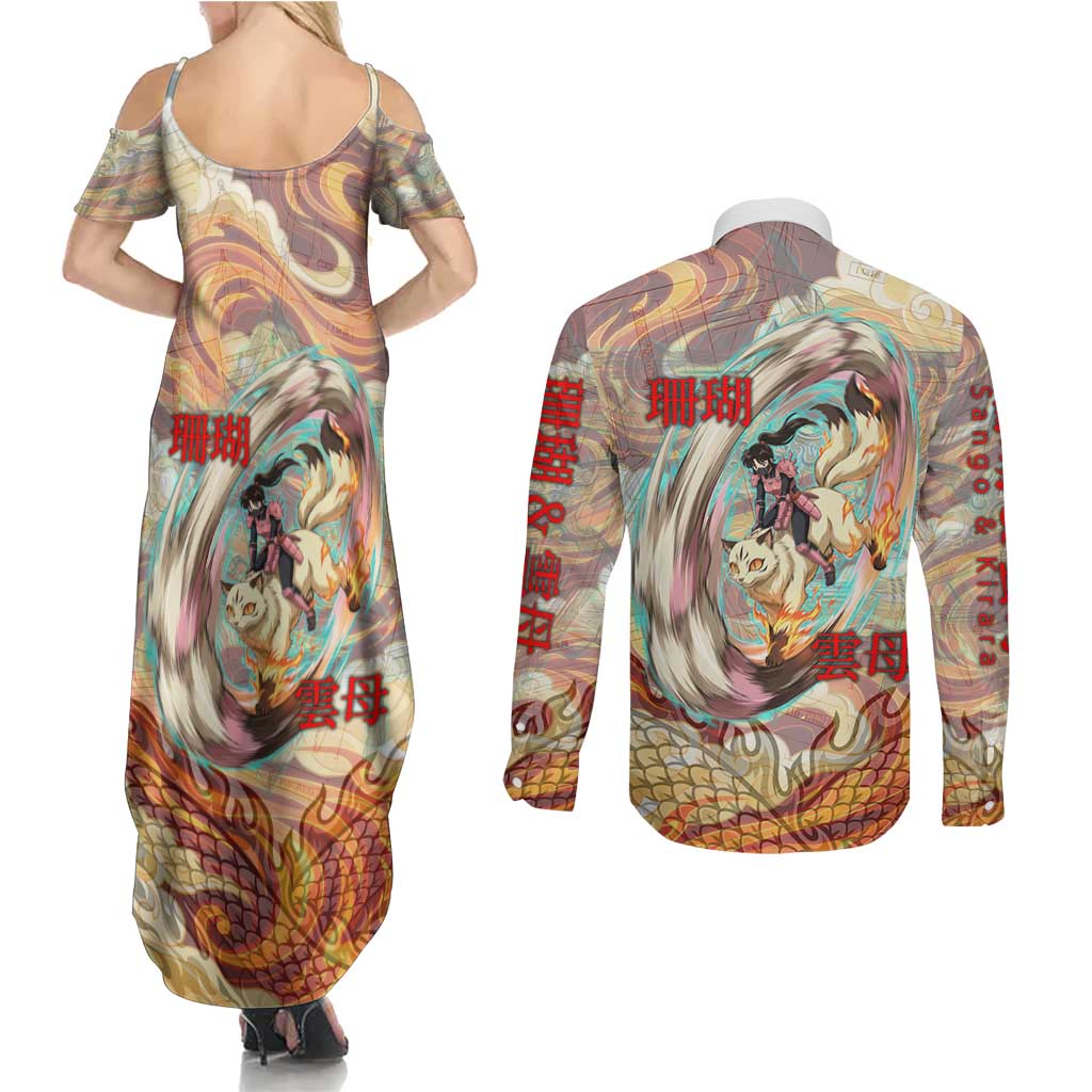 Sango and Kirara Inuyasha Series Couples Matching Summer Maxi Dress and Long Sleeve Button Shirt Mythical Anime Style with Flame and Scale Motif