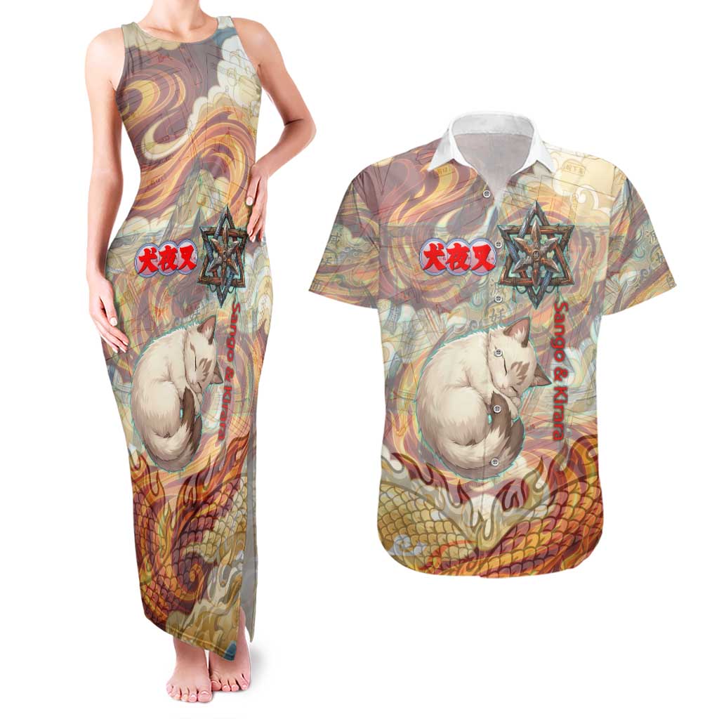 Sango and Kirara Inuyasha Series Couples Matching Tank Maxi Dress and Hawaiian Shirt Mythical Anime Style with Flame and Scale Motif