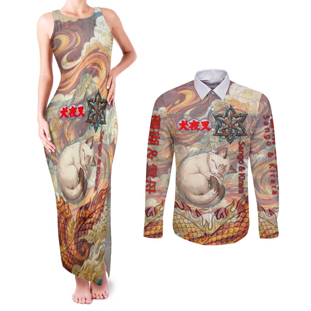 Sango and Kirara Inuyasha Series Couples Matching Tank Maxi Dress and Long Sleeve Button Shirt Mythical Anime Style with Flame and Scale Motif